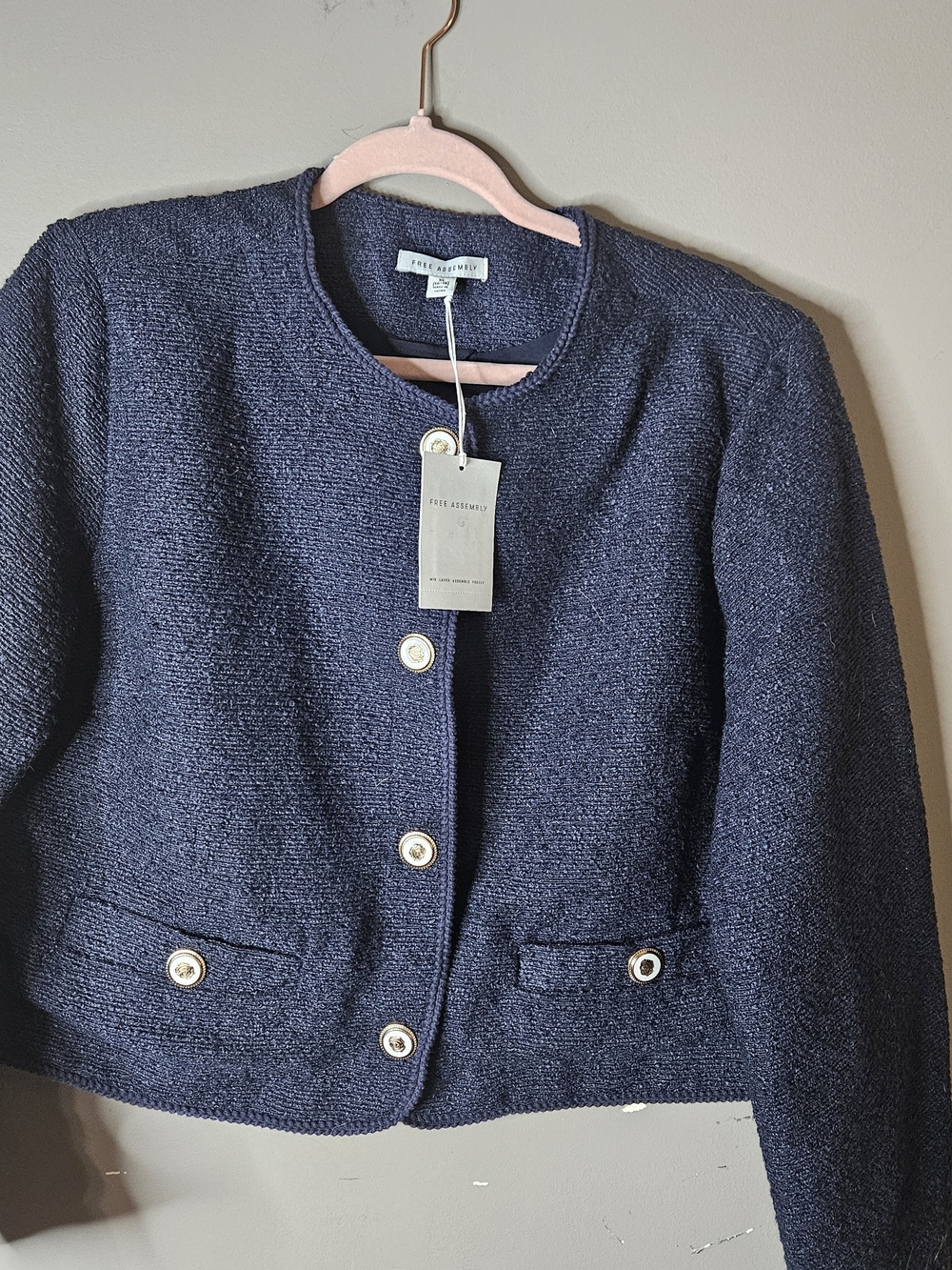 Navy Bouclé Collarless Jacket with Gold Buttons